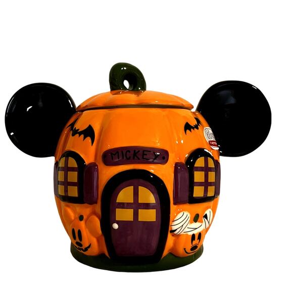 Disney Mickey Mouse Halloween Pumpkin Haunted House Ceramic Cookie Jar NEW - Picture 1 of 8
